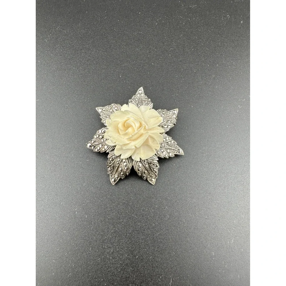 Vintage 1920s German Sterling Silver Carved Rose Marcasite Pin Brooch
